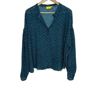 Roller Rabbit Womens Button Up Top Medium Teal Green V Neck Semi Sheer